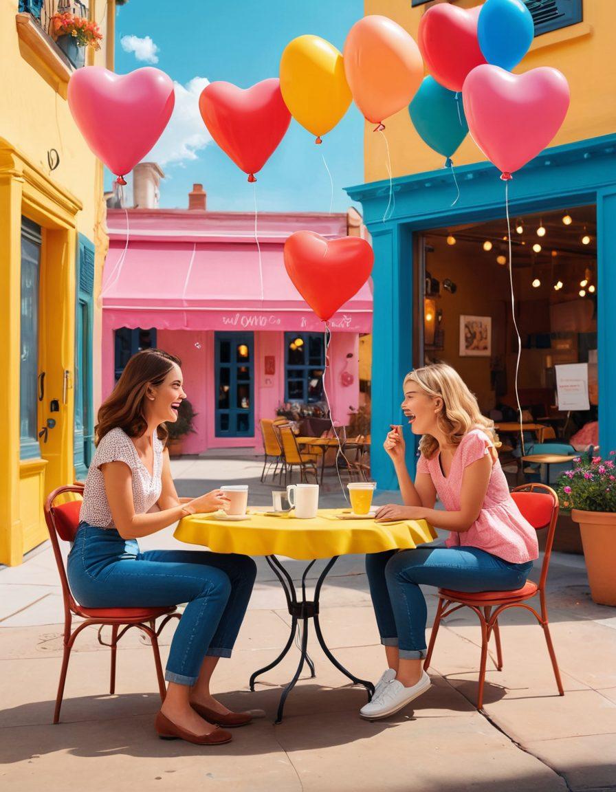 A whimsical cartoon scene depicting various humorous and quirky moments of adults navigating intimacy – includes couples in playful situations, unexpected mishaps with love letters, and lighthearted misunderstandings at a cozy café. The background should feature a warm, inviting environment filled with vibrant colors, laughter, and exaggerated expressions. Include elements like heart-shaped balloons and playful doodles to enhance the comedic aspect. vector art. bright colors. playful style.