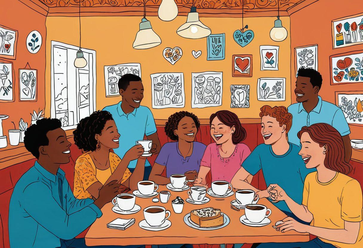 A whimsical illustration of diverse individuals sharing heartfelt laughs over coffee, surrounded by playful symbols of love and relationships like hearts, speech bubbles, and quirky doodles. The scene is set in a cozy café with a warm atmosphere, ornate decor, and a hint of humor in their expressions. Integrate elements of self-discovery and adventure, showcasing personal growth through connection. cartoon style. vibrant colors. warm background.