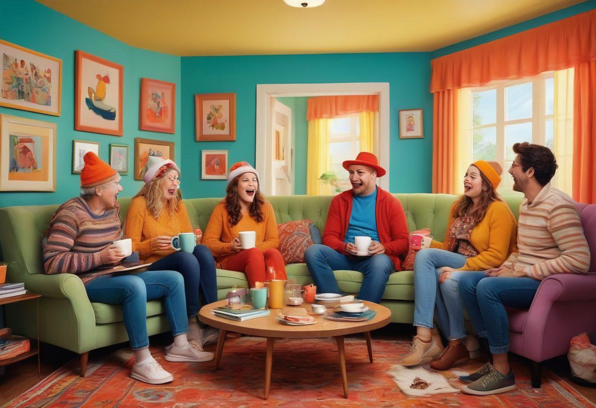A whimsical and colorful illustration of a group of adults laughing and sharing funny stories around a cozy living room. Elements like playful taboos represented by quirky and light-hearted symbols are scattered around, with a backdrop of intimate yet humorous moments captured in the air. They are all joyfully engaging with one another, showcasing the absurdity of adult life. cartoon style. vibrant colors. cozy atmosphere.